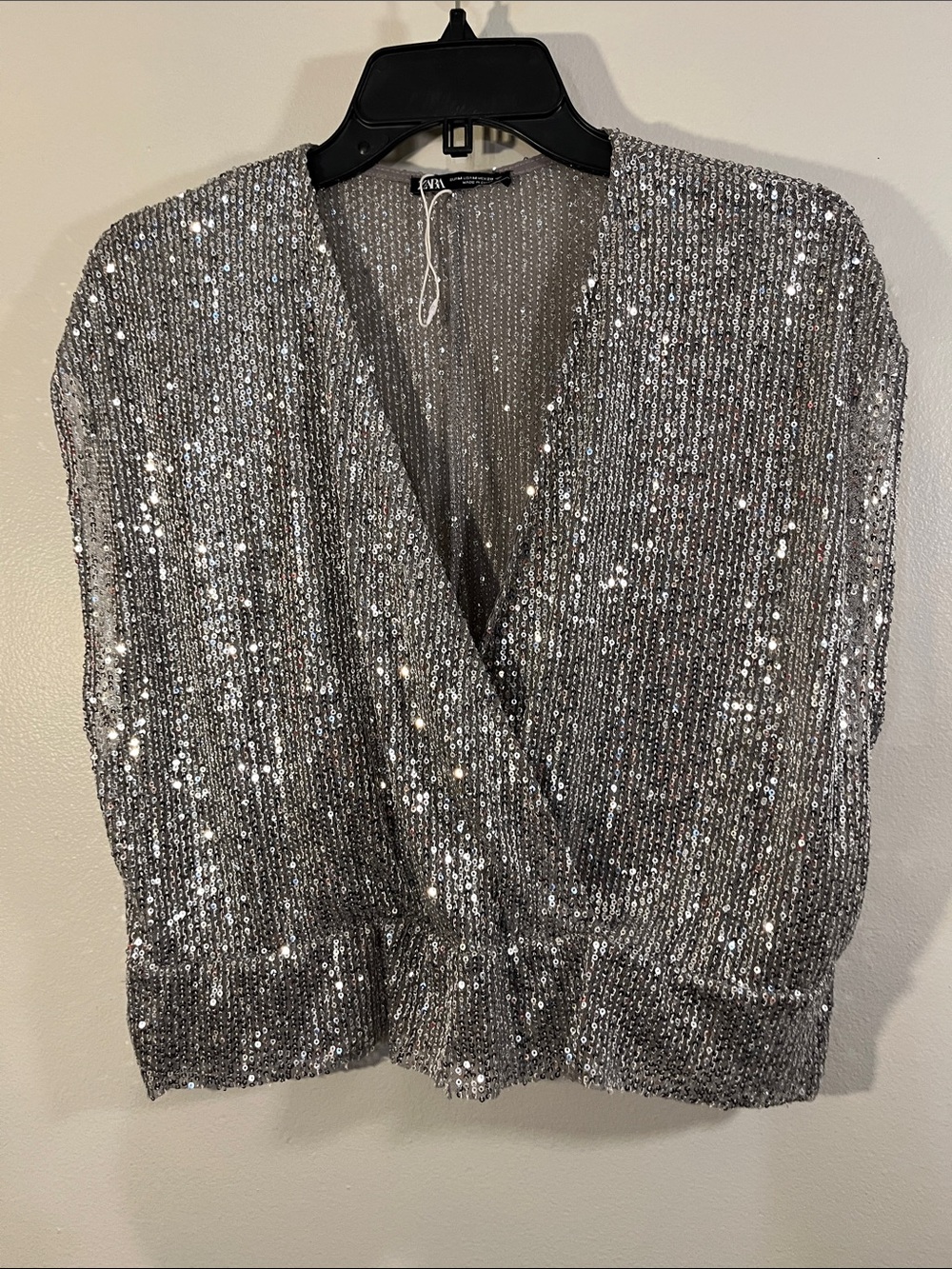 Zara Silver Sequin Draped V-Neck Top